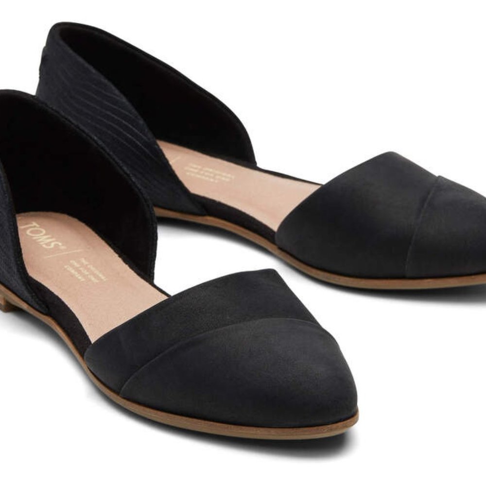 BNIB TOMS JUTTI D'ORSAY FLAT BLACK LEATHER/CHAMBRAY SIZE 7.5